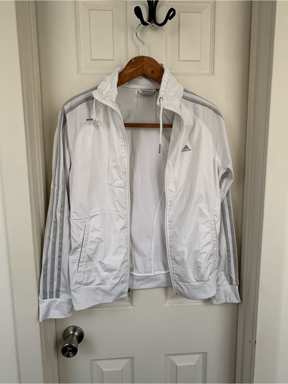 adidas White Windbreaker Jacket with Light Gray Stripes